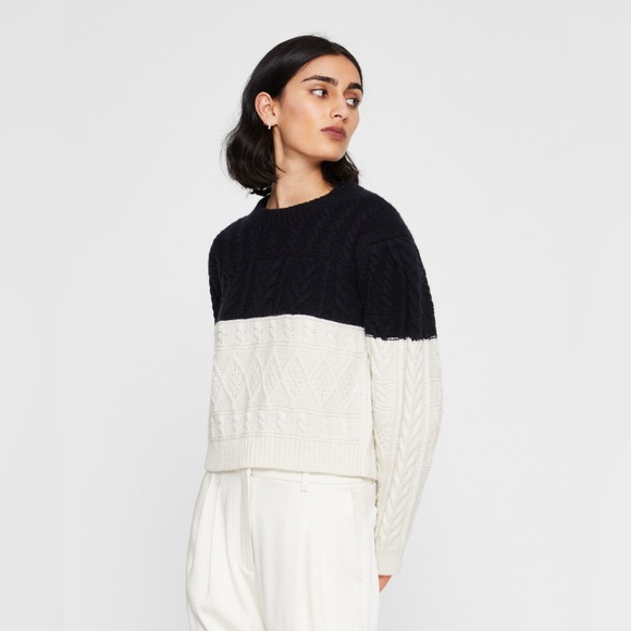 BNWT Club Monaco Structured Cable Crew Wool Sweater Black & White - Picture 1 of 8